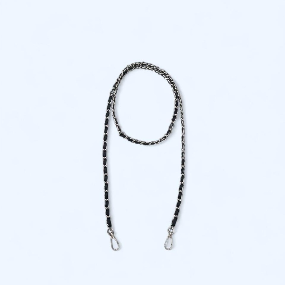 silver-toned metal and black leather chain bag strap